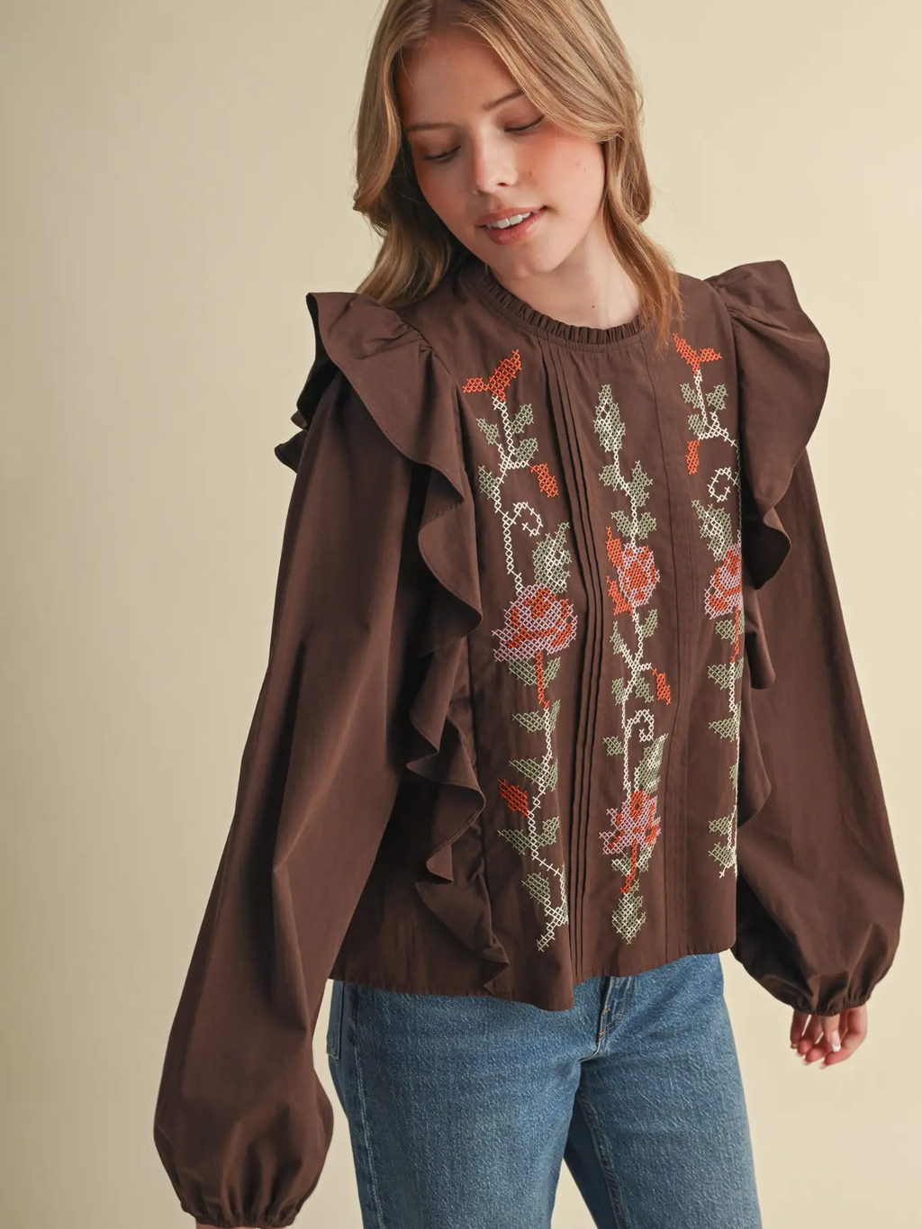 Floral Cross Stitch Ruffled Top