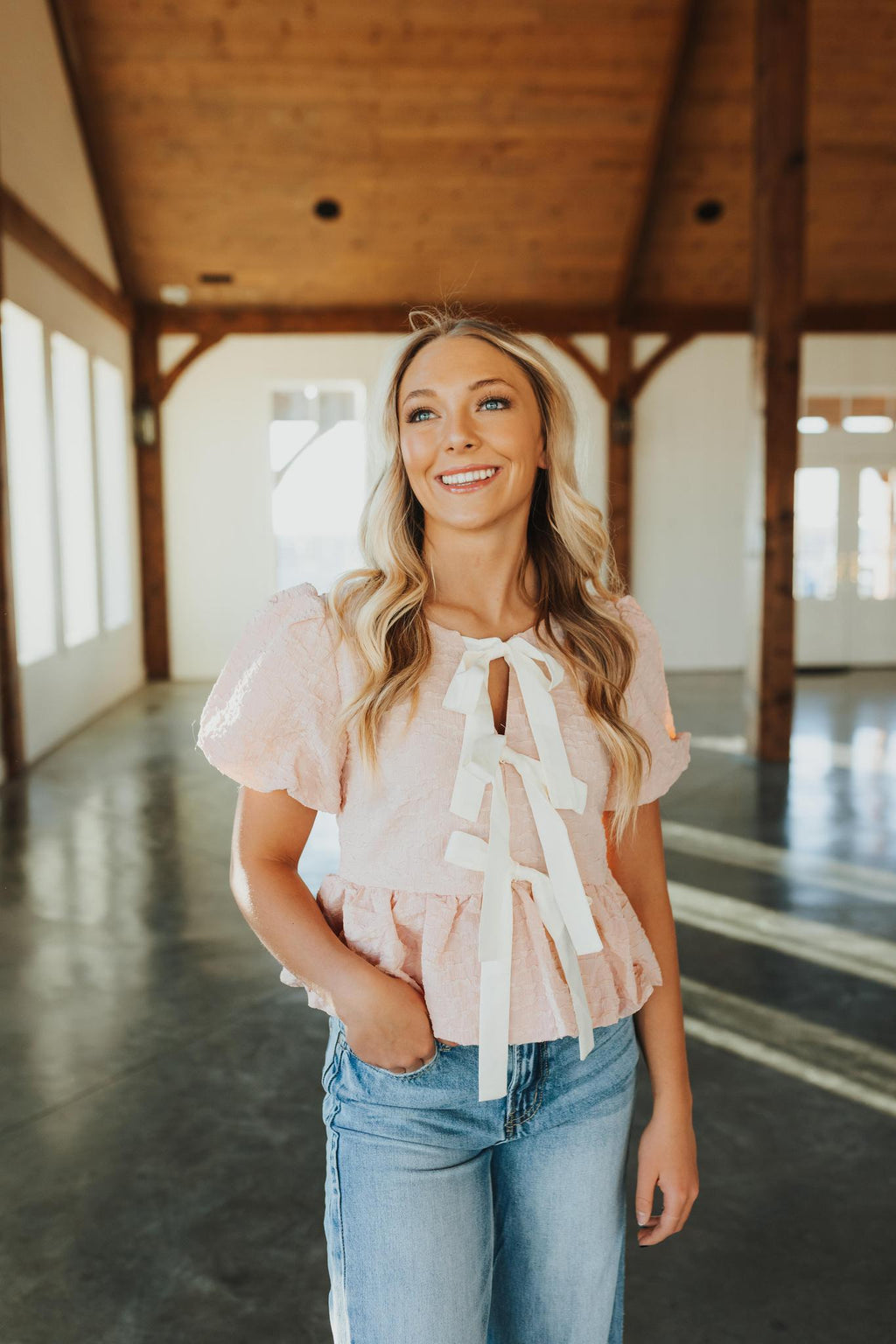 Bubble Babydoll Blouse with Textured Fabric and Contrast Bow - Peach