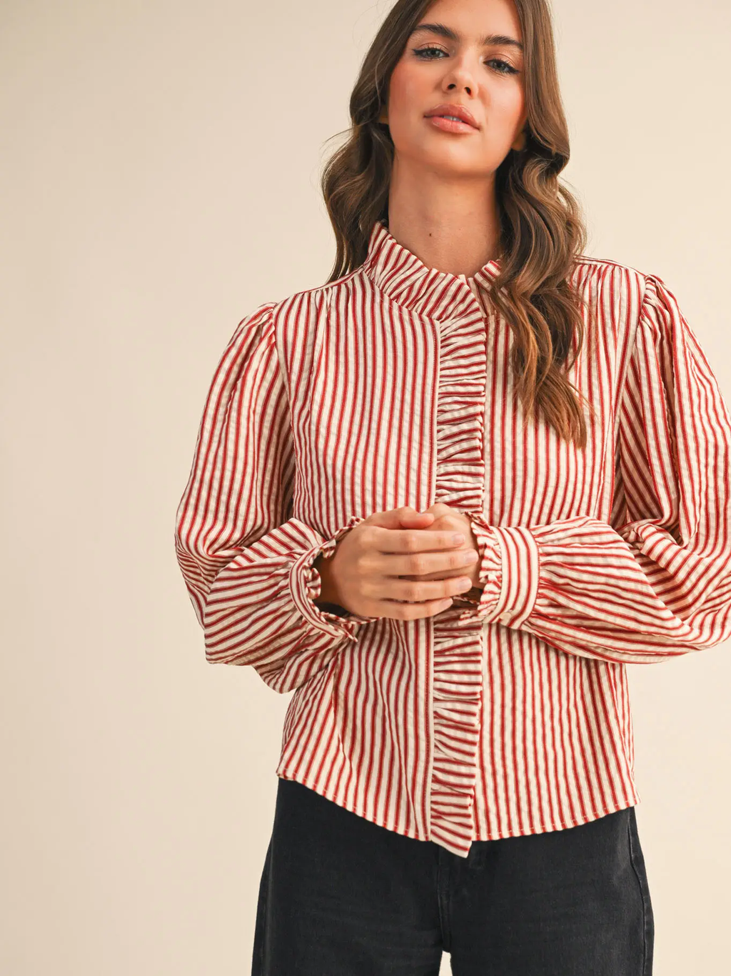 Striped Ruffled Button Down Long Sleeve Top - RED STRIPE