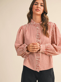 Striped Ruffled Button Down Long Sleeve Top - RED STRIPE