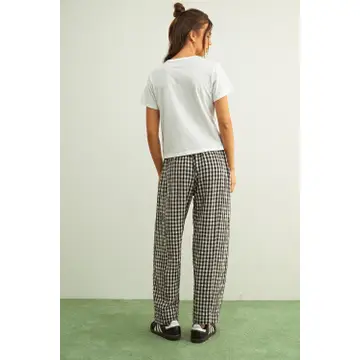 Gingham Pattern Elastic Band Waist Pants - BLACK/WHITE