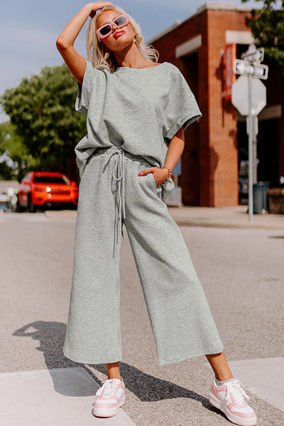 Gray Textured Loose Fit T Shirt and Drawstring Pants Set - Grey