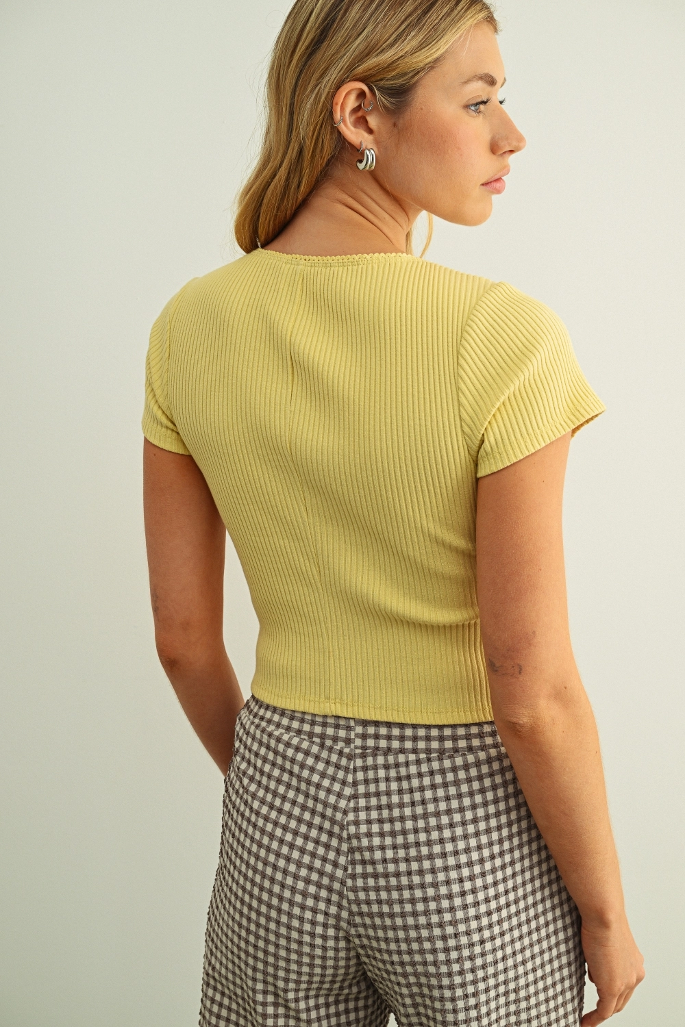 Button Front Ribbed Top - Custard