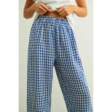 Gingham Pattern Elastic Band Waist Pants - BLUE/WHITE