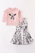 PINK COW RUFFLE GIRLS PANT SET
