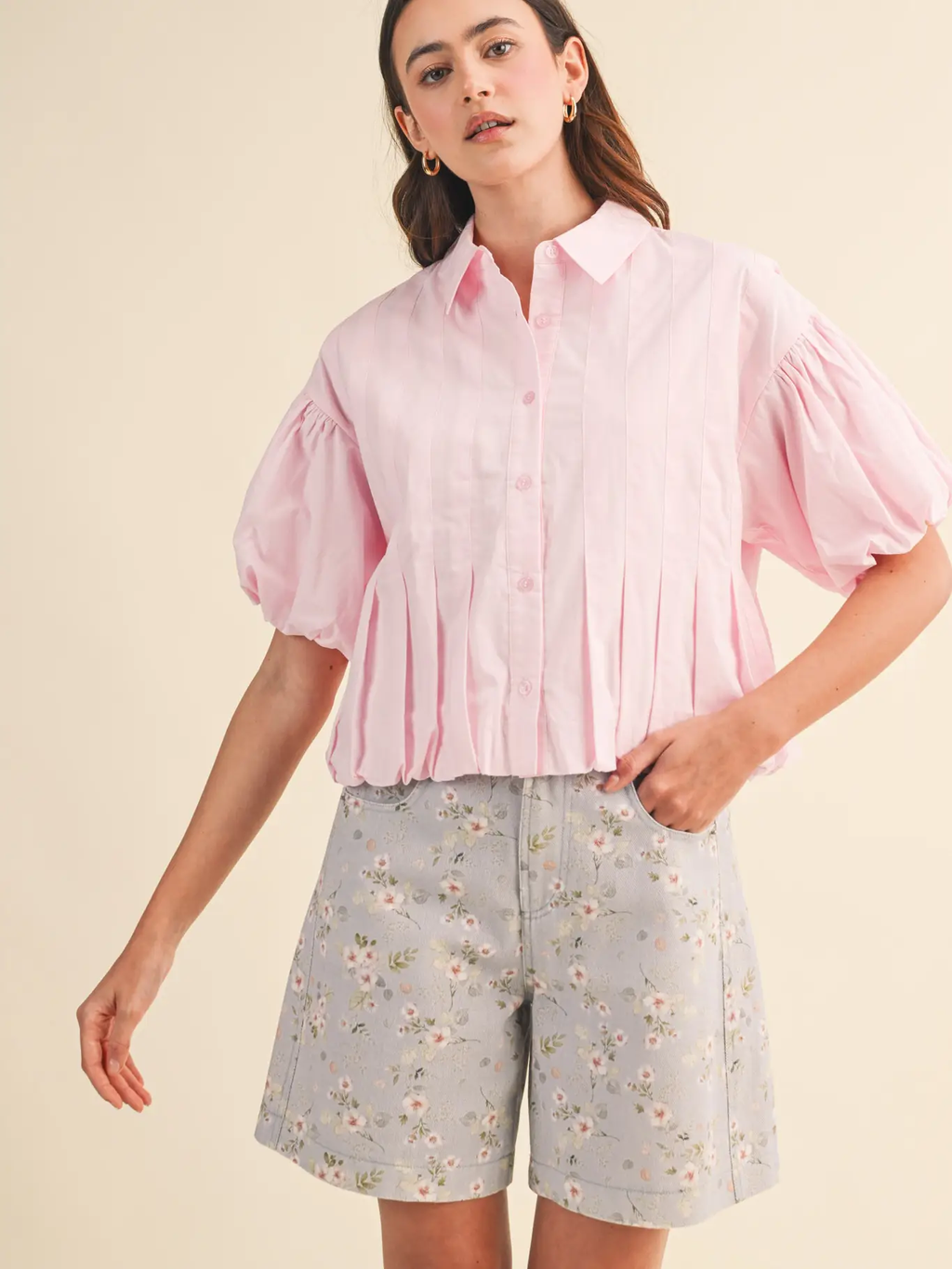 Pleated Bubble Hem Button Down Top - PINK
