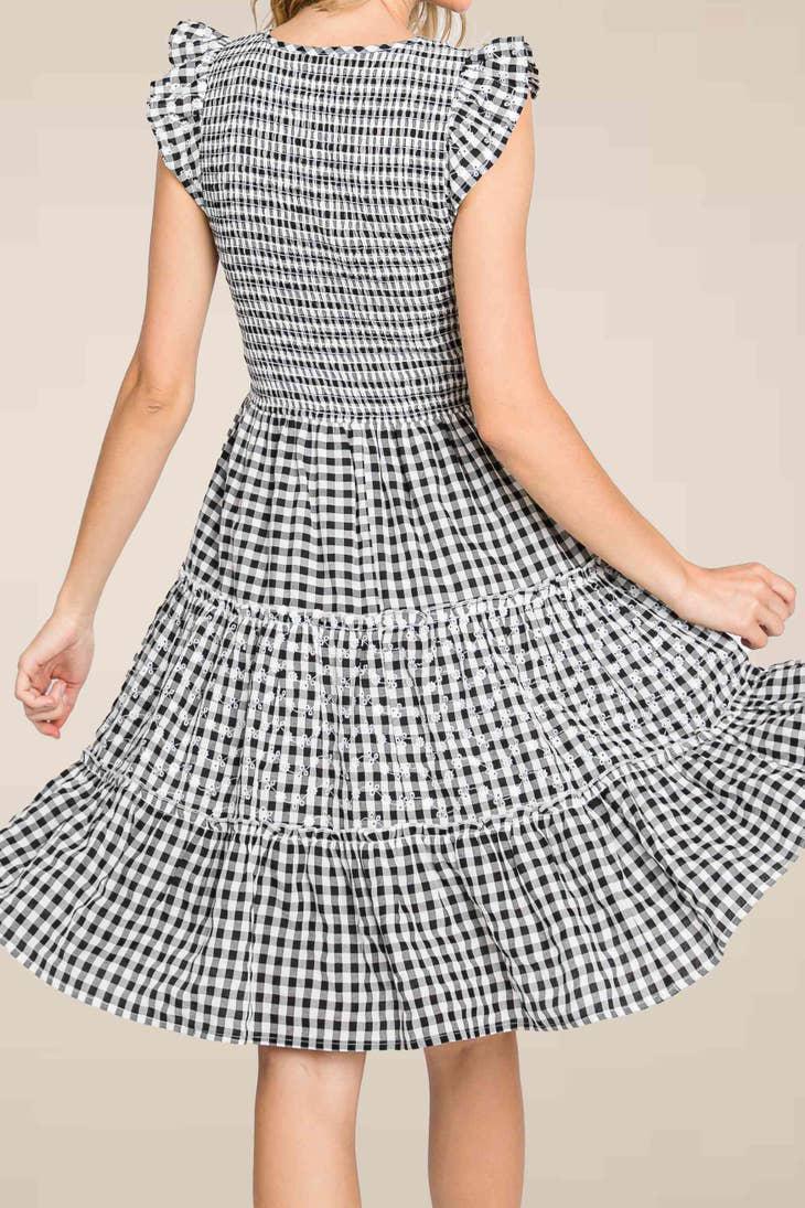 GINGHAM SMOCK DRESS EMBROIDERY - BLACK/WHITE