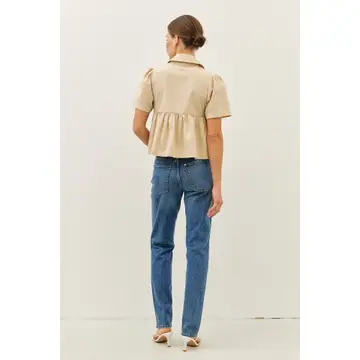Smocked Linen Babydoll Open-Front Blouse with Ribbon - Natural