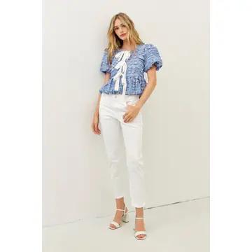 Bubble Babydoll Blouse with Textured Fabric and Contrast Bow - Lt. Blue