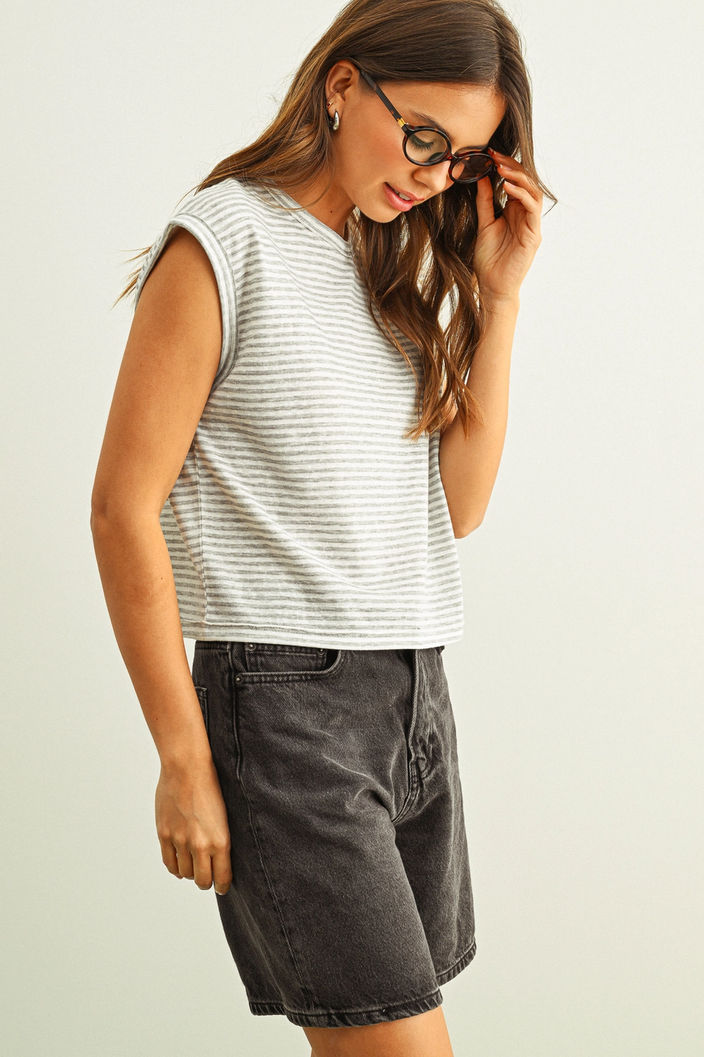 Stripe Pattern Slub Top - White Grey