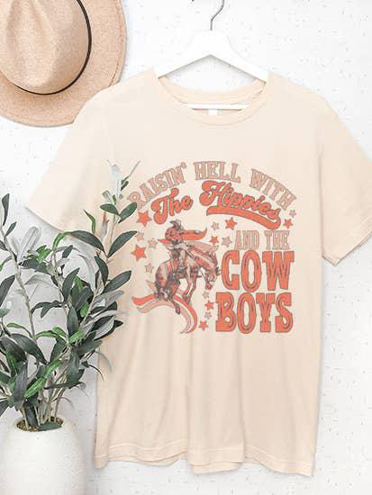 RAISIN HELL WITH THE HIPPIES & THE COWBOYS GRAPHIC TOP - SOFT CREAM