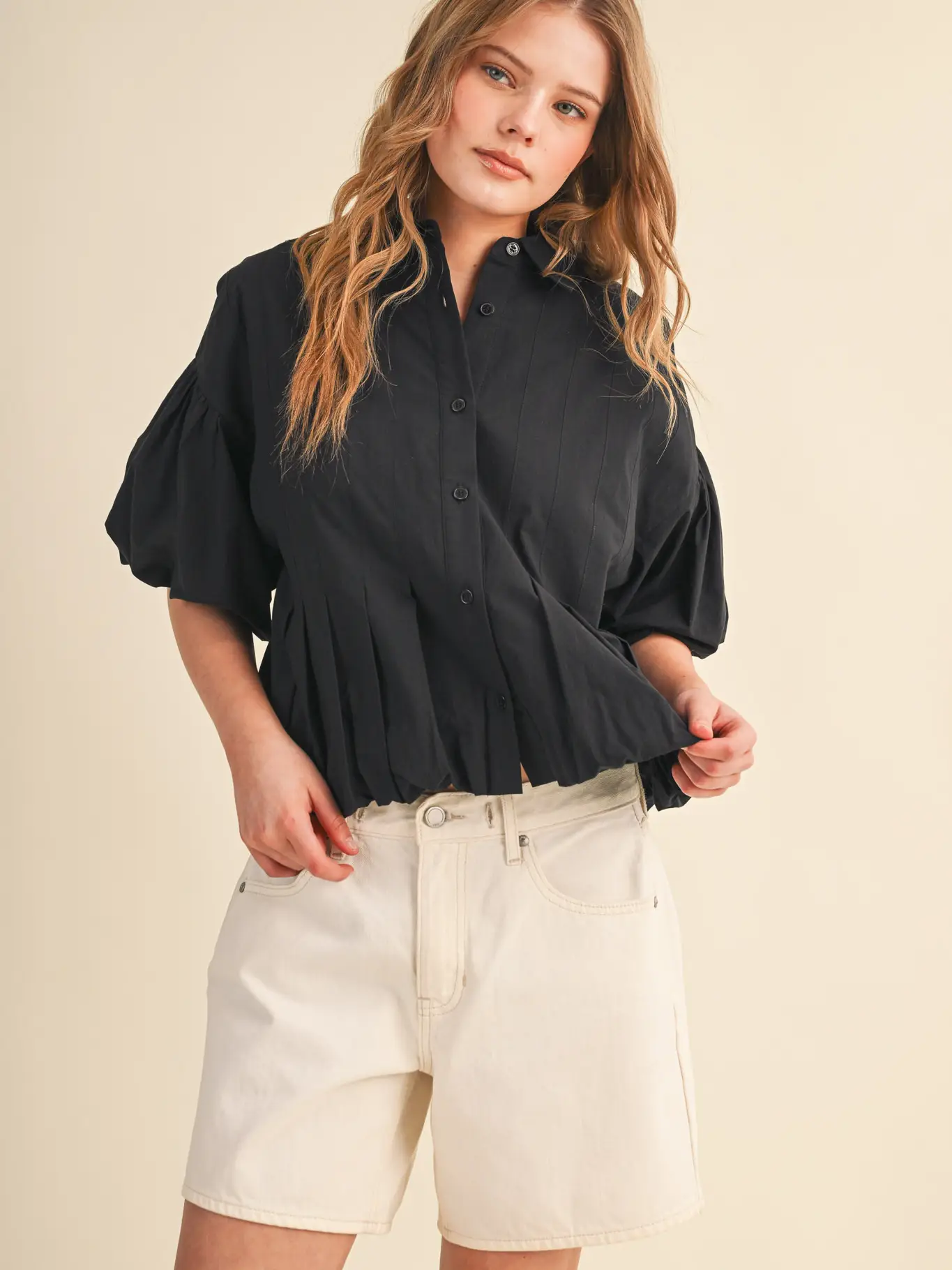 Pleated Bubble Hem Button Down Top - BLACK