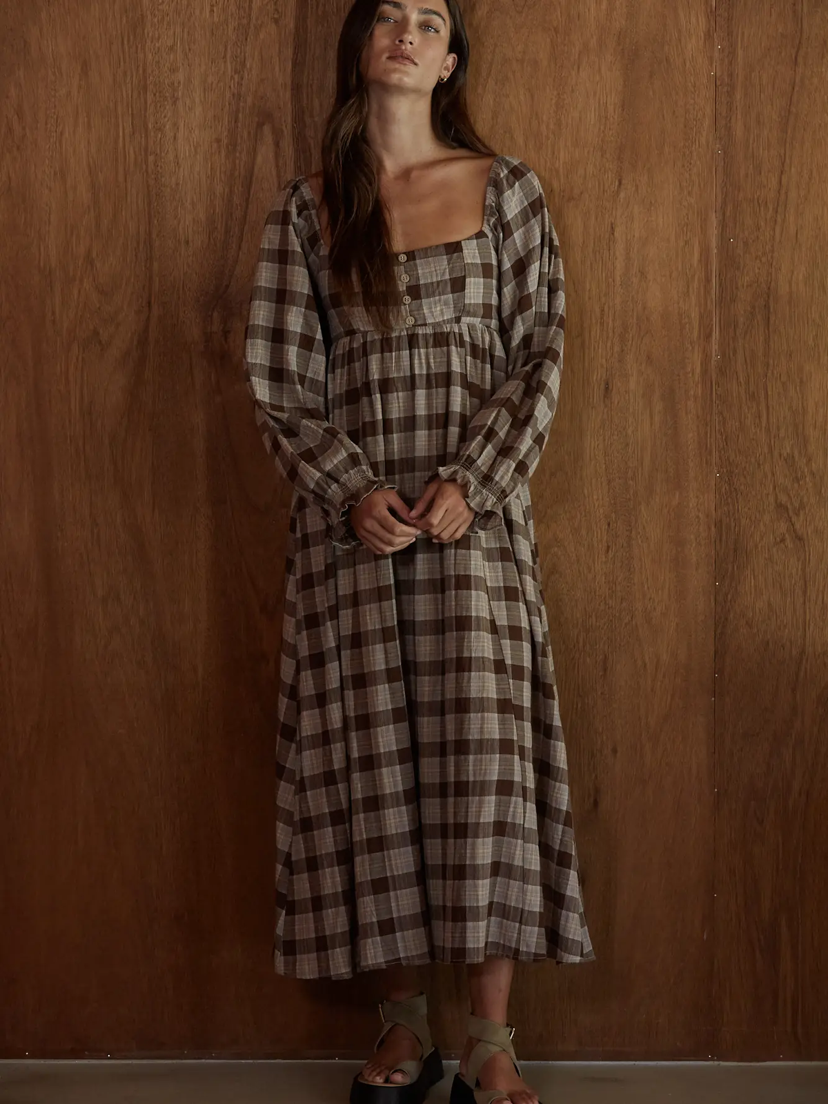 Woven Cotton Spandex Printed Long Sleeve Flare Midi