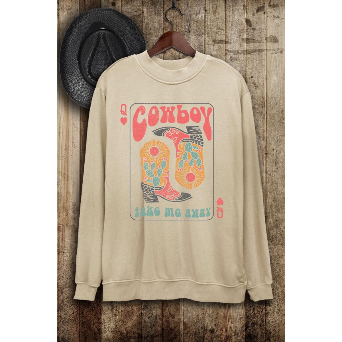 COWBOY TAKE ME AWAY BOOTS LONG SLEEVE SWEATSHIRT - MINERAL OATMEAL