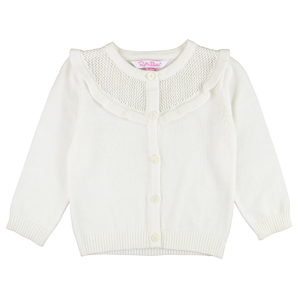 Girls Off-White Sweater Knit Ruffle Trim Cardigan - Off-White