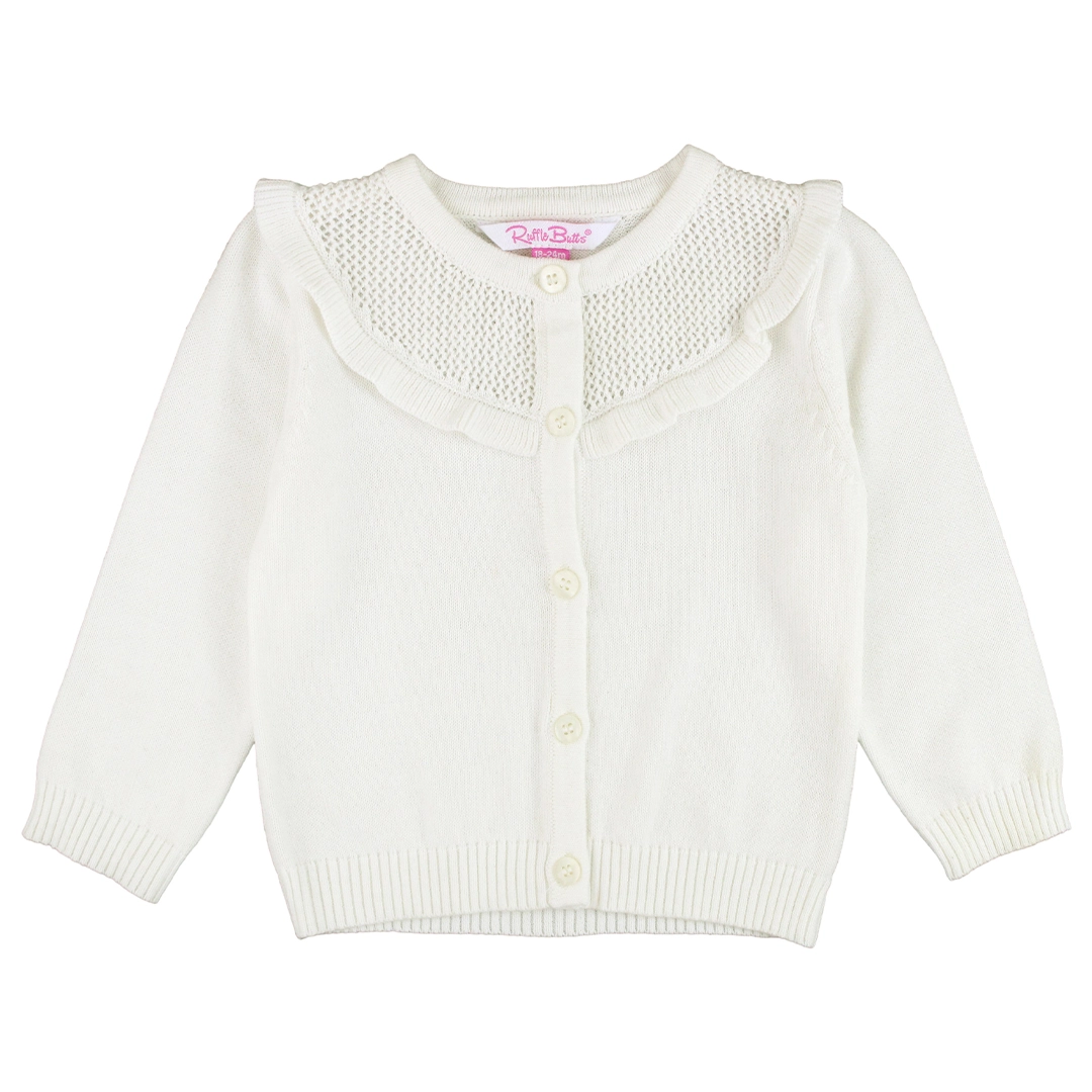 Girls Off-White Sweater Knit Ruffle Trim Cardigan - Off-White
