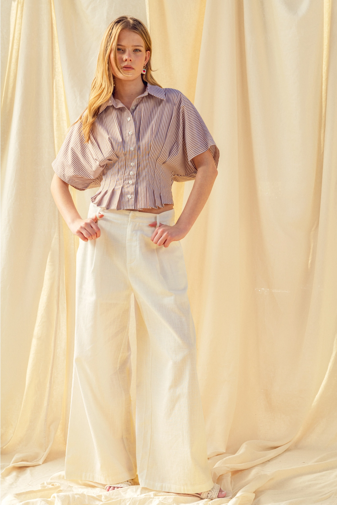 Stripe Button Front Shirts with Pleated Waist Detail