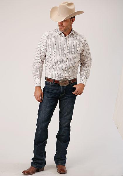 MENS L/S SHIRT SNAP PRINT 1501 BROWN & BLUE WALLPAPER STRIPE 01-001-0019-3058