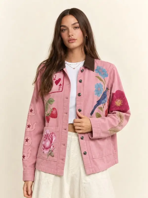 Folk Illustrated Graphic Corduroy Collar Utility Jacket