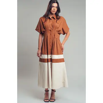 Colorblock Button-Up Cotton Midi Dress - BROWN