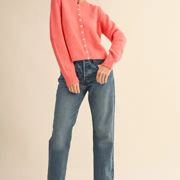 Marled Knit Sweater Cardigan - CORAL RED