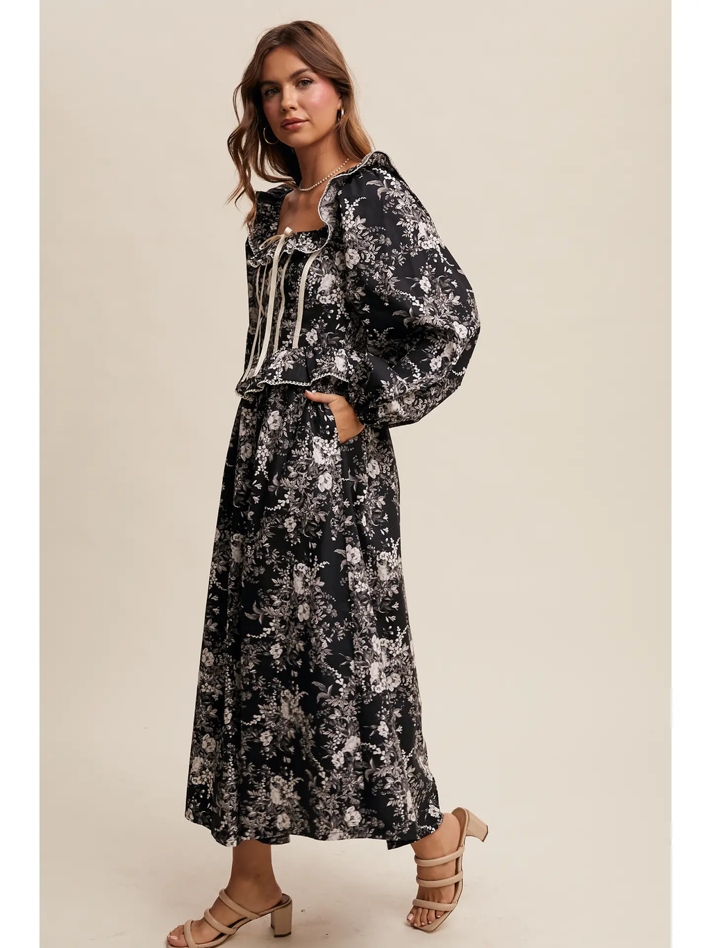 Floral Corset Ruffle Midi Dress - BLACK