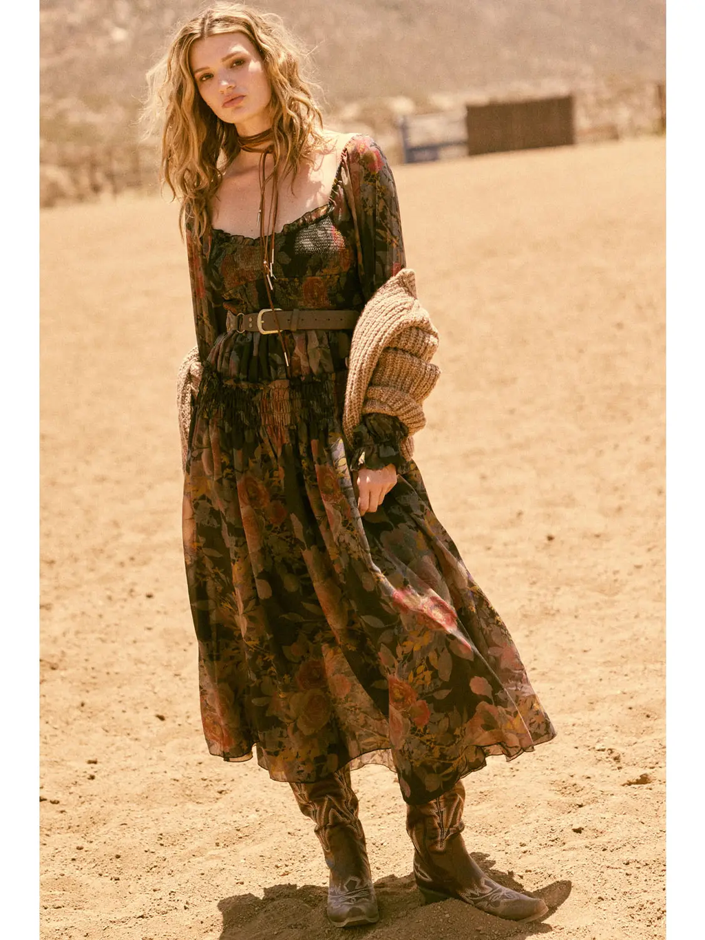 Floral-Print Smocked Bubble Sleeve Maxi Dress