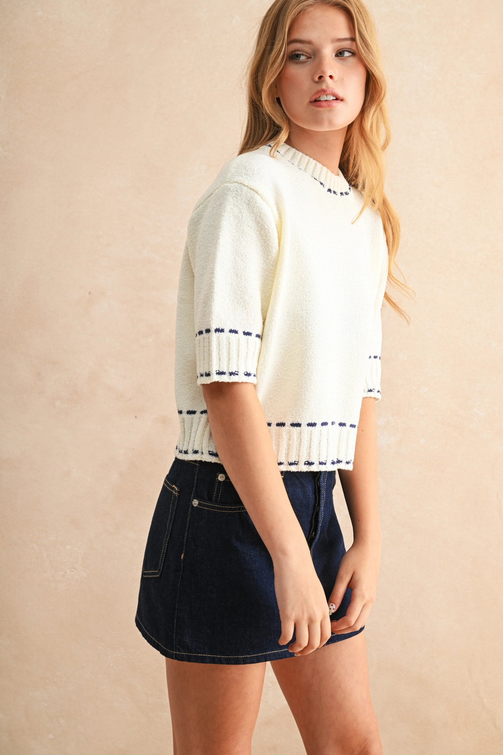 Stitch Effect Detail Short Sleeve Top - Navy