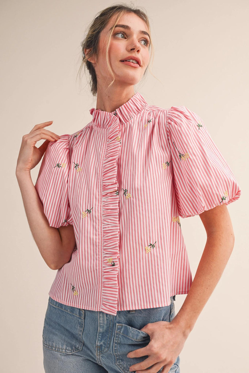 Floral Embroidery Striped Ruffled Button Down Top - Pink Berry Stripe