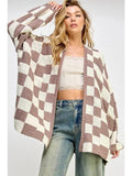 Check Dropped Shoulders Cardigan - White & Mink
