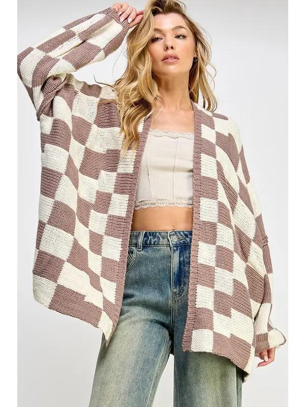 Check Dropped Shoulders Cardigan - White & Mink