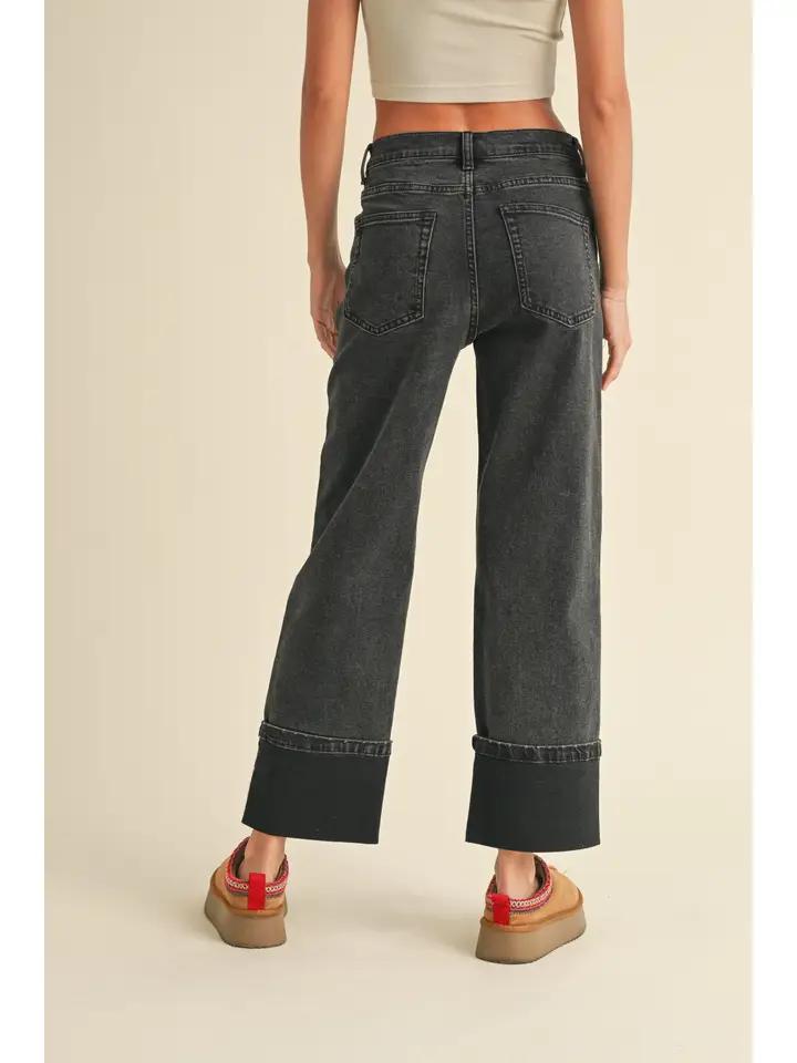 Cuffed Bottom Black Denim Pants