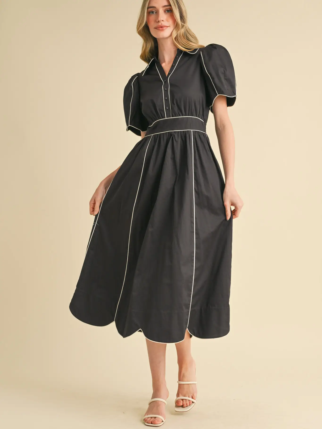 Collared Shirt Dress with Scalloped Edges - BLACK