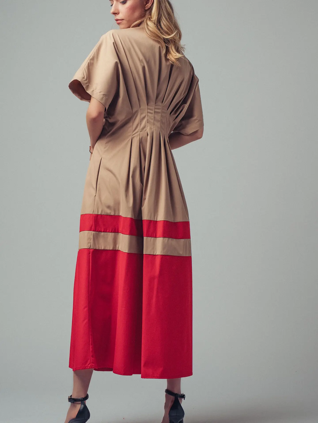 Colorblock Button-Up Cotton Midi Dress - CAMEL