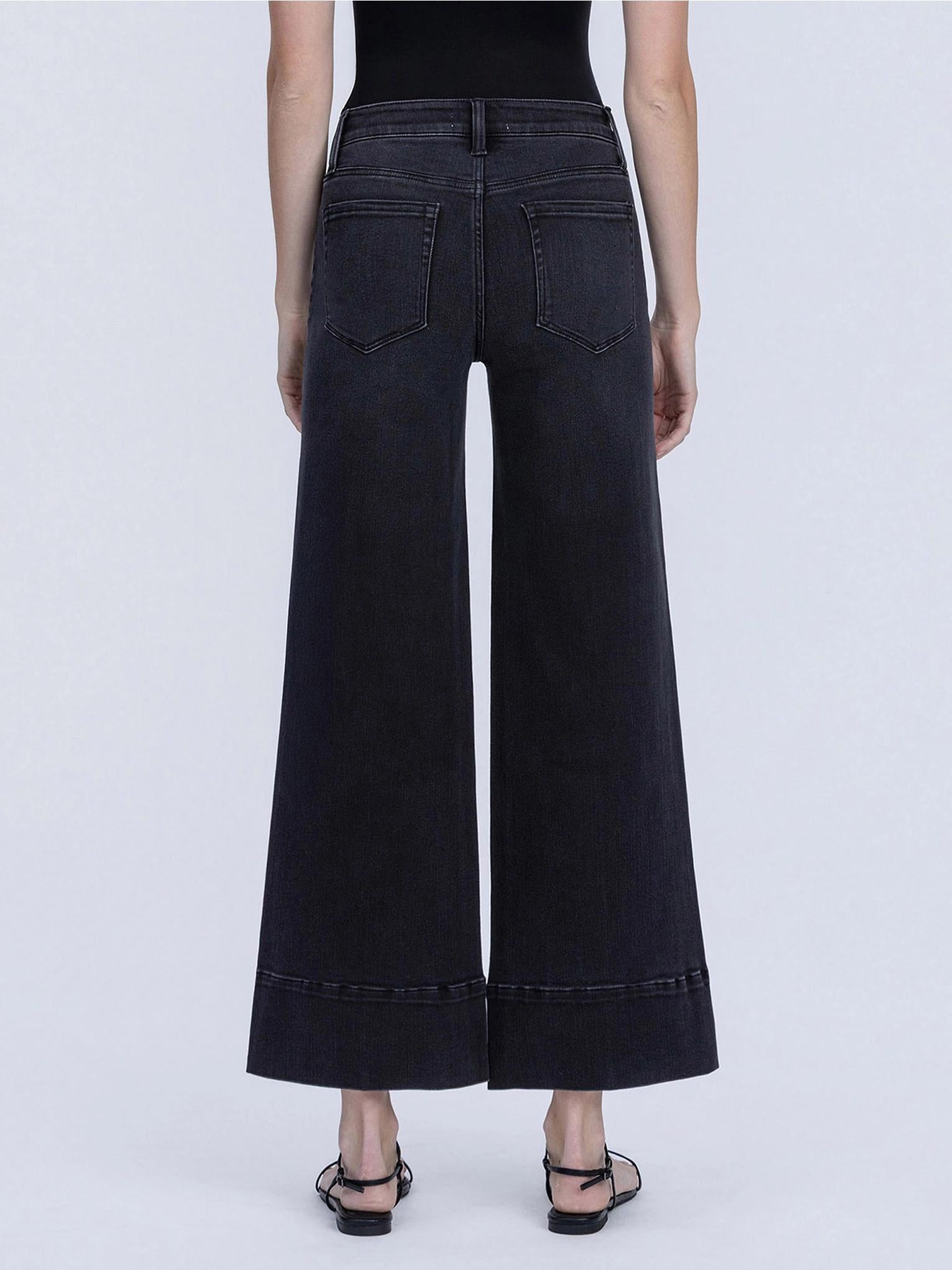 High Rise Patch Pocket Pin Tuck Black Wide Leg Jeans