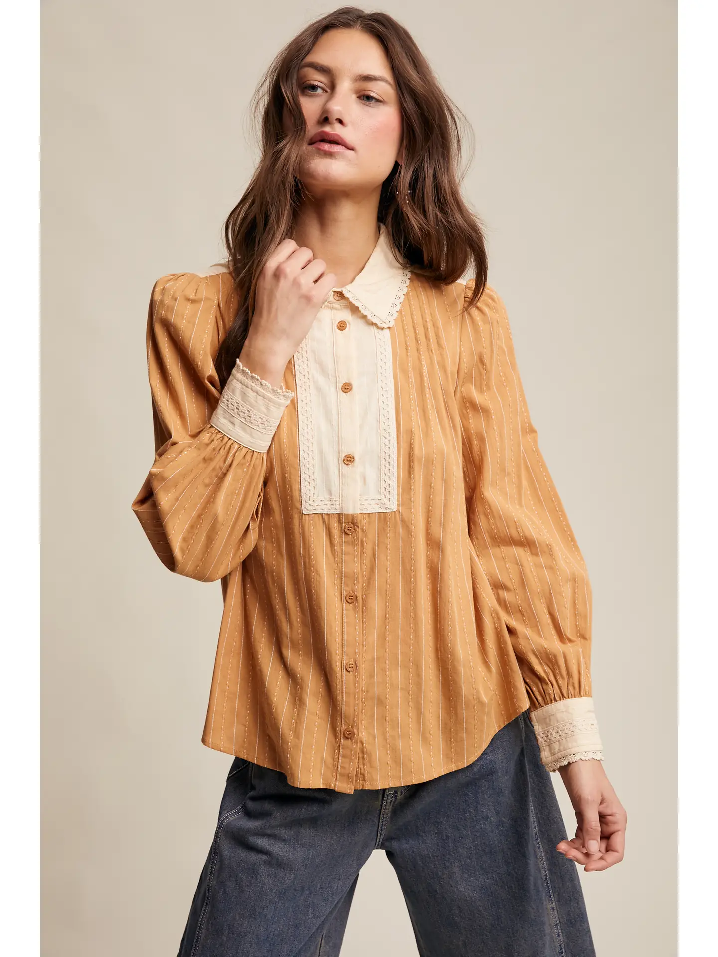 Victorian Contrast Lace Blouse - CLAY