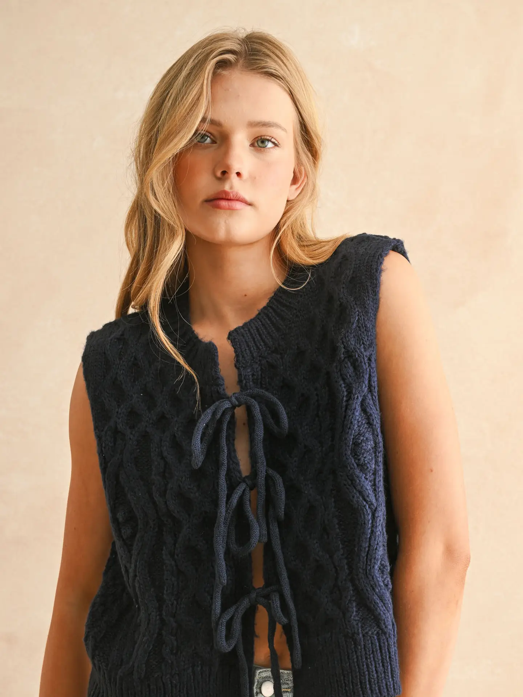 Tie Front Cable Knitted Vest - Navy