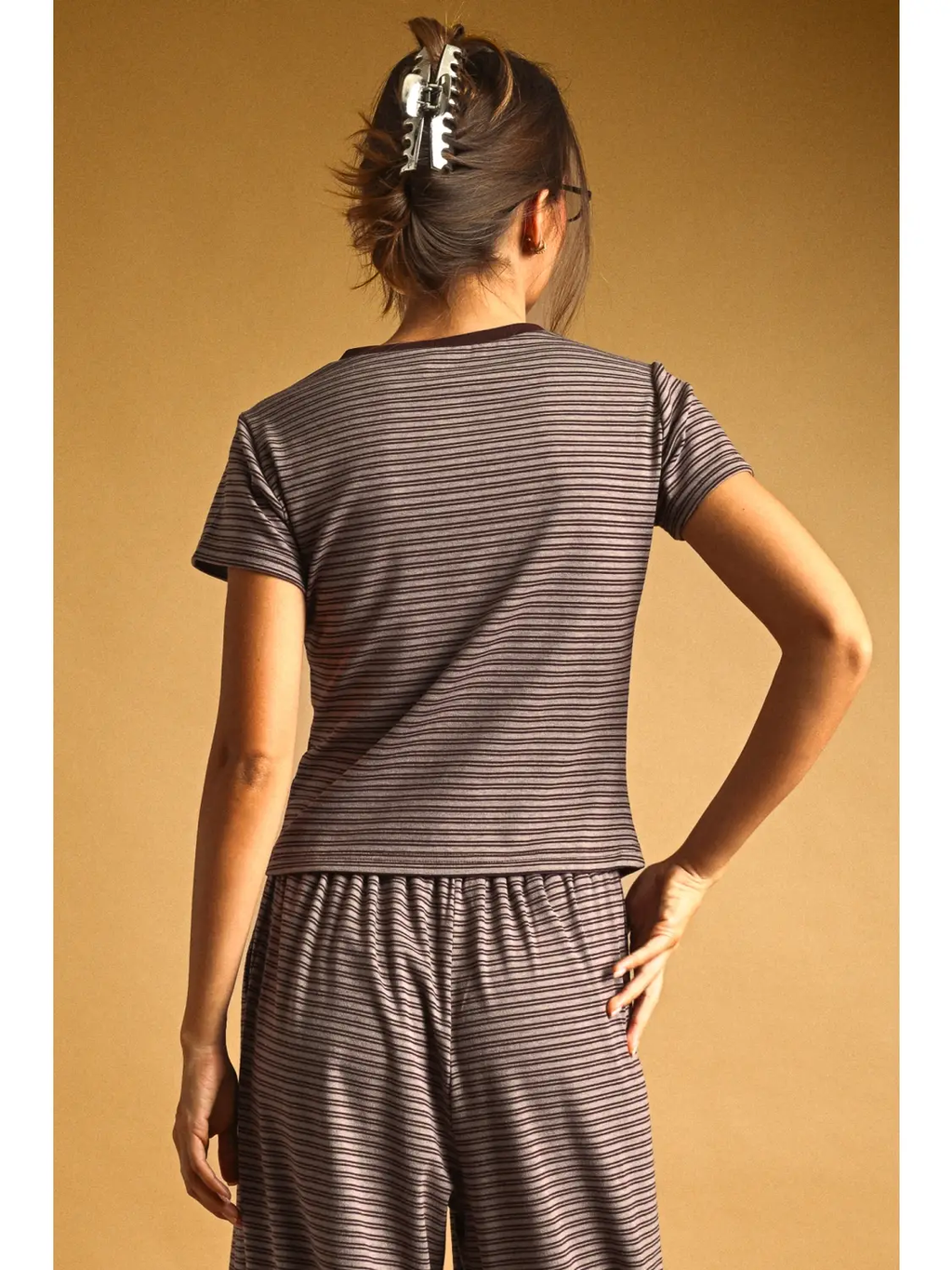 Double Striped Pattern Half Snap Button Top - Brown