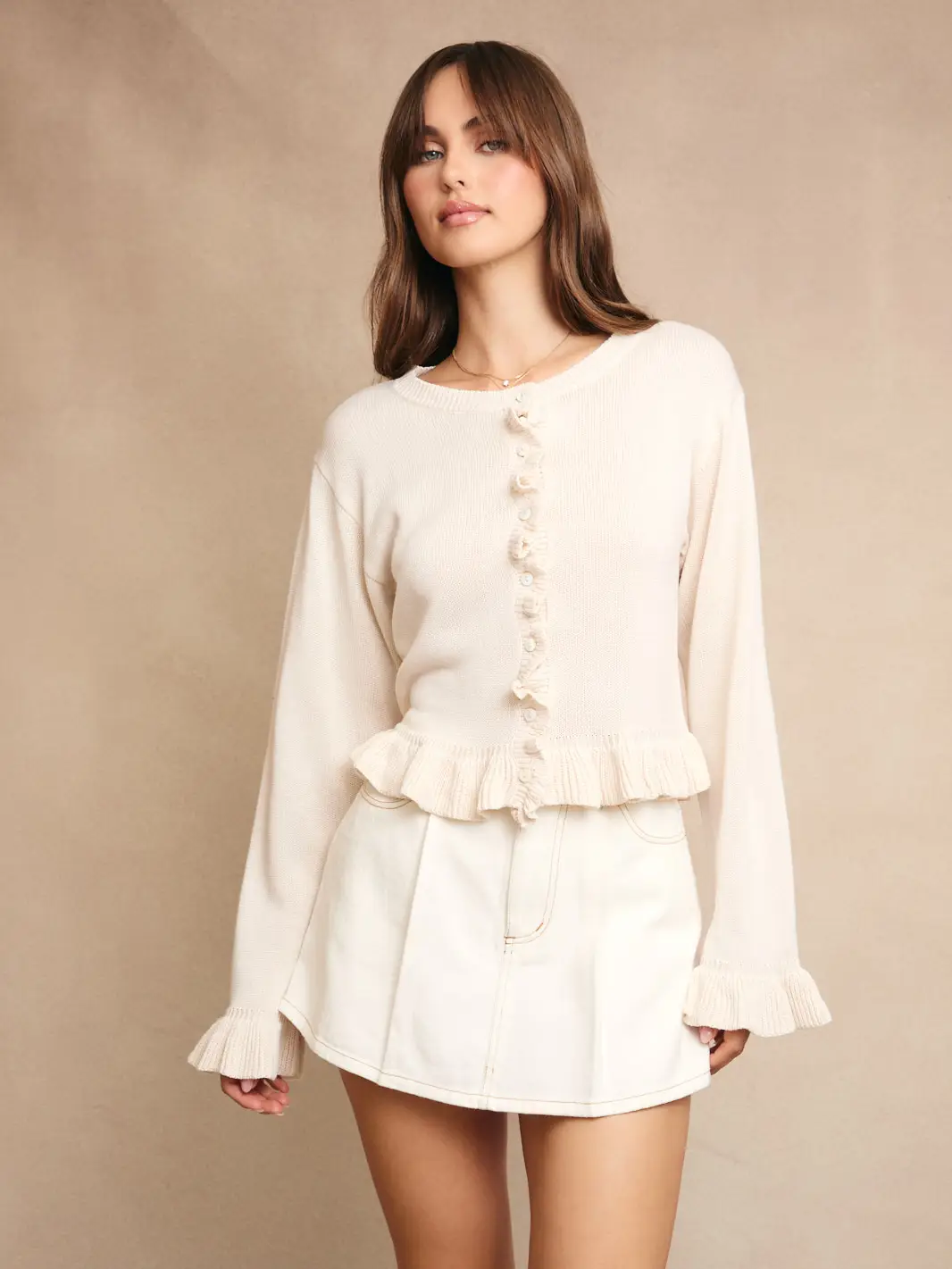 Ruffled Knit Cardigan Top with Buttons On the Front - IVORY
