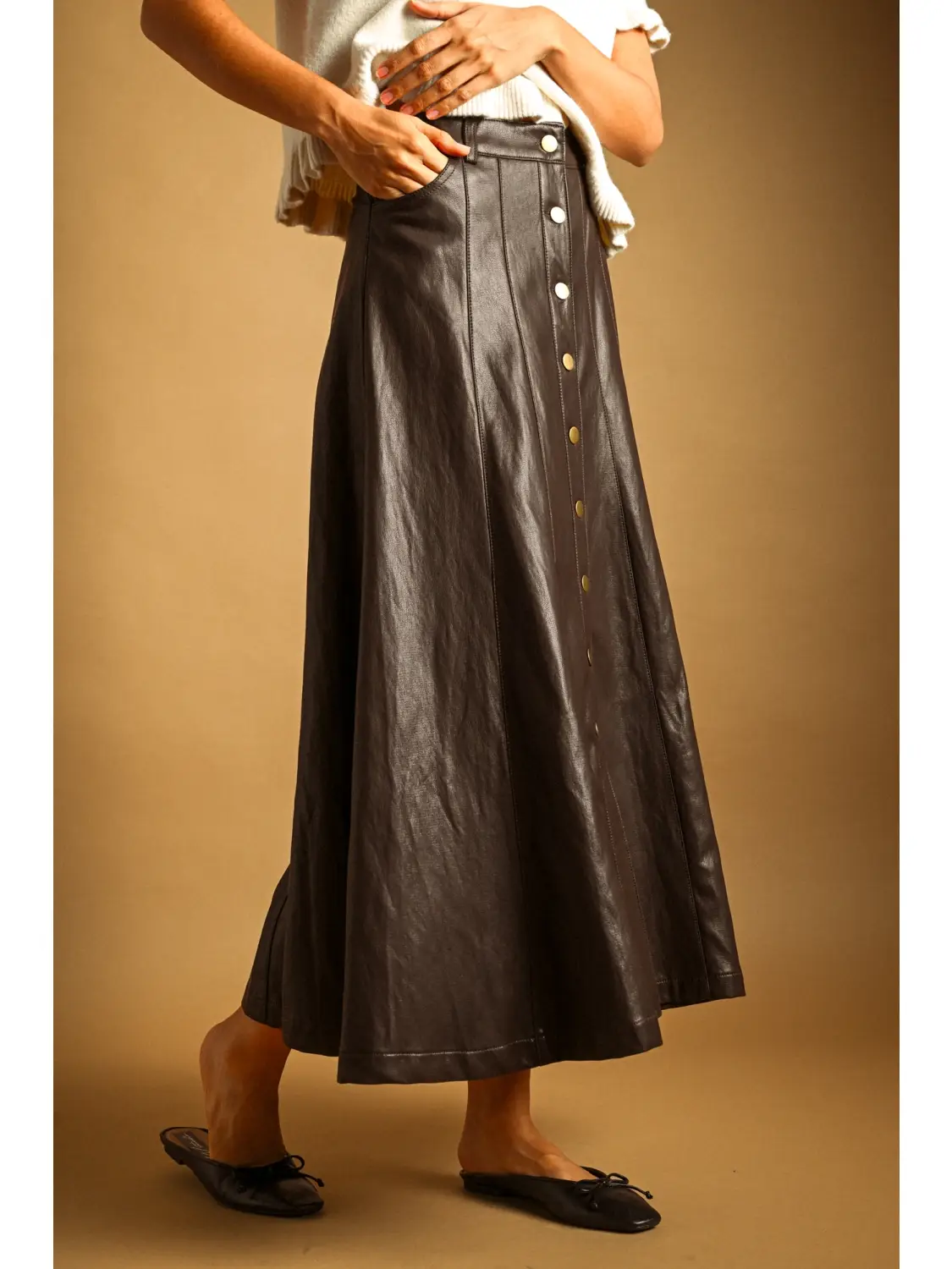 Faux Leather Button Front Long Skirt