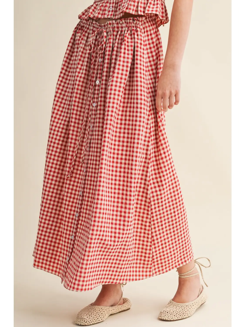 Gingham Pattern Button Front Long Skirt - RED