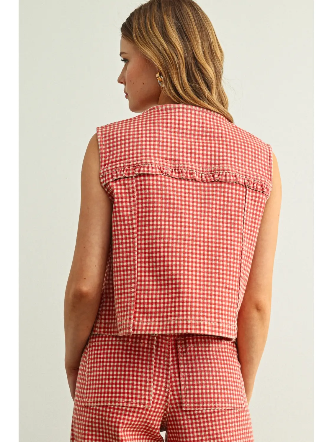 Gingham Printed Button Front Vest