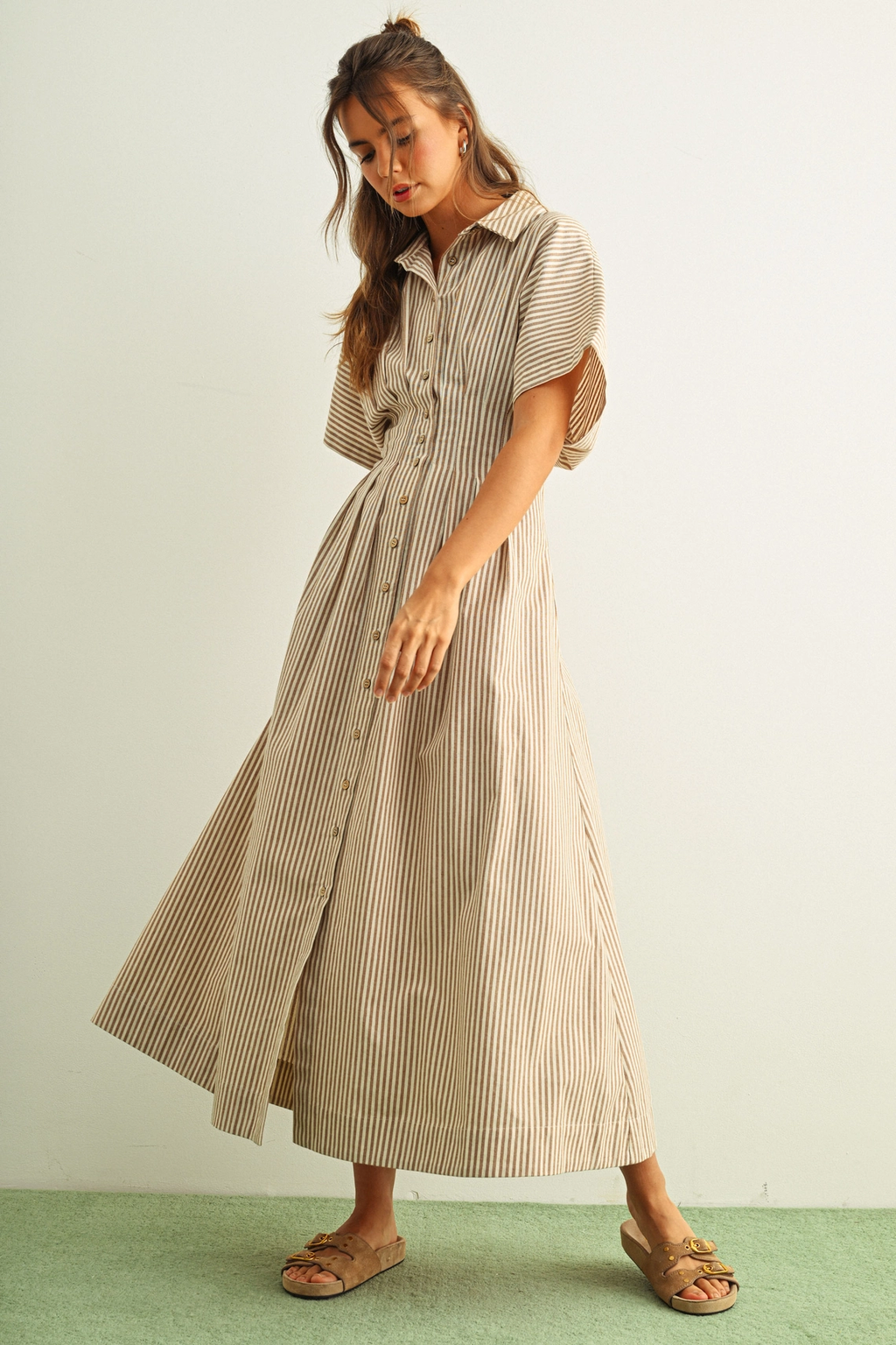 Striped Buttondown Shirt Dress - Brown Stripe