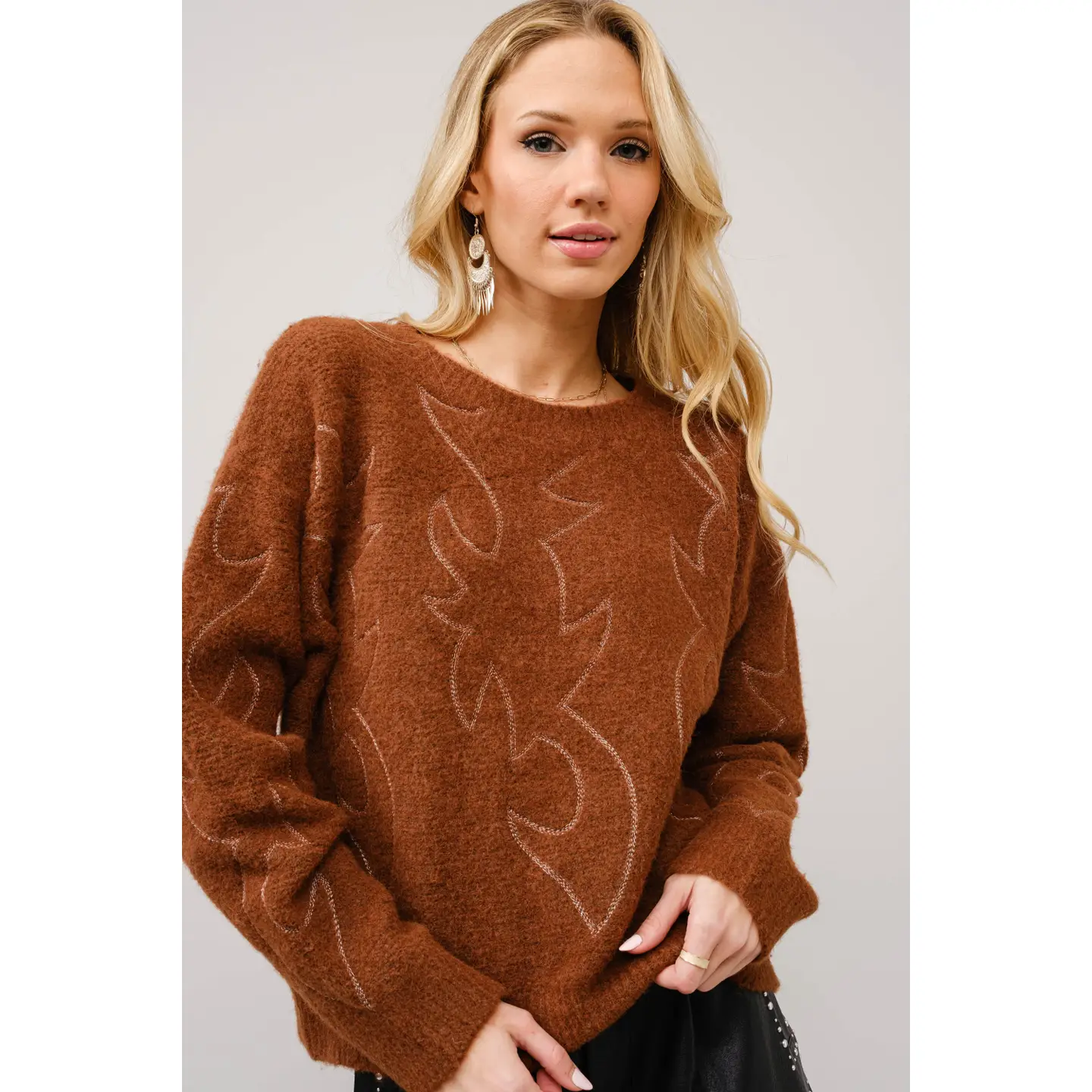 Western Boots Stitch Pattern Crew Neck Sweater - Brown