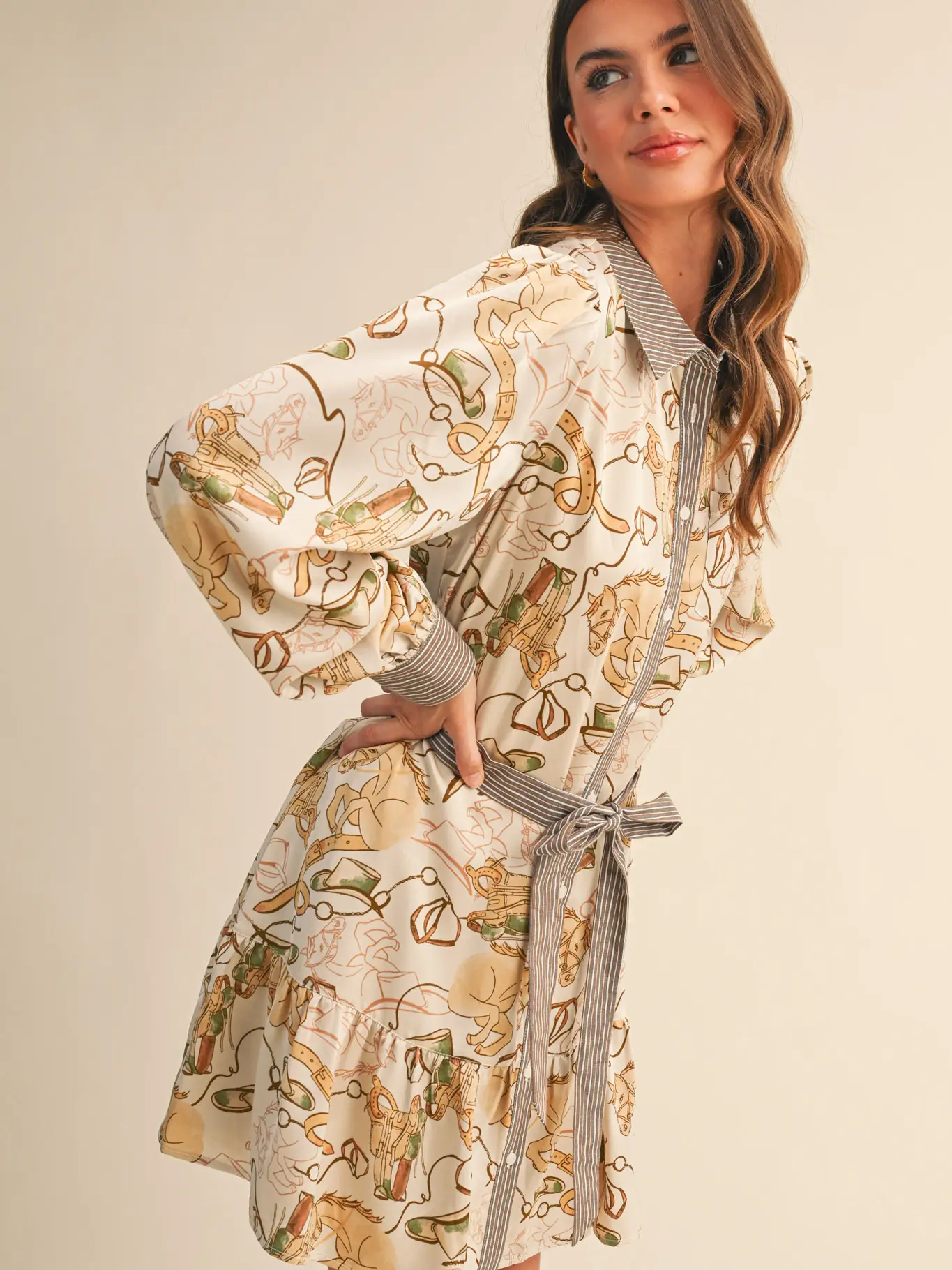 Exclusive Mixed Print Button Down Mini Dress - EGGSHELL MULTI