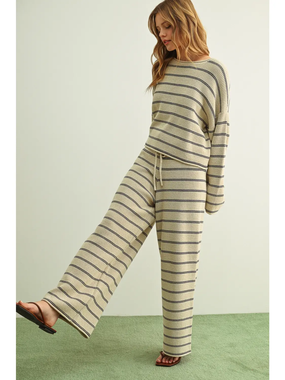 Striped Pattern Knitted Pants - STONE/BLUE