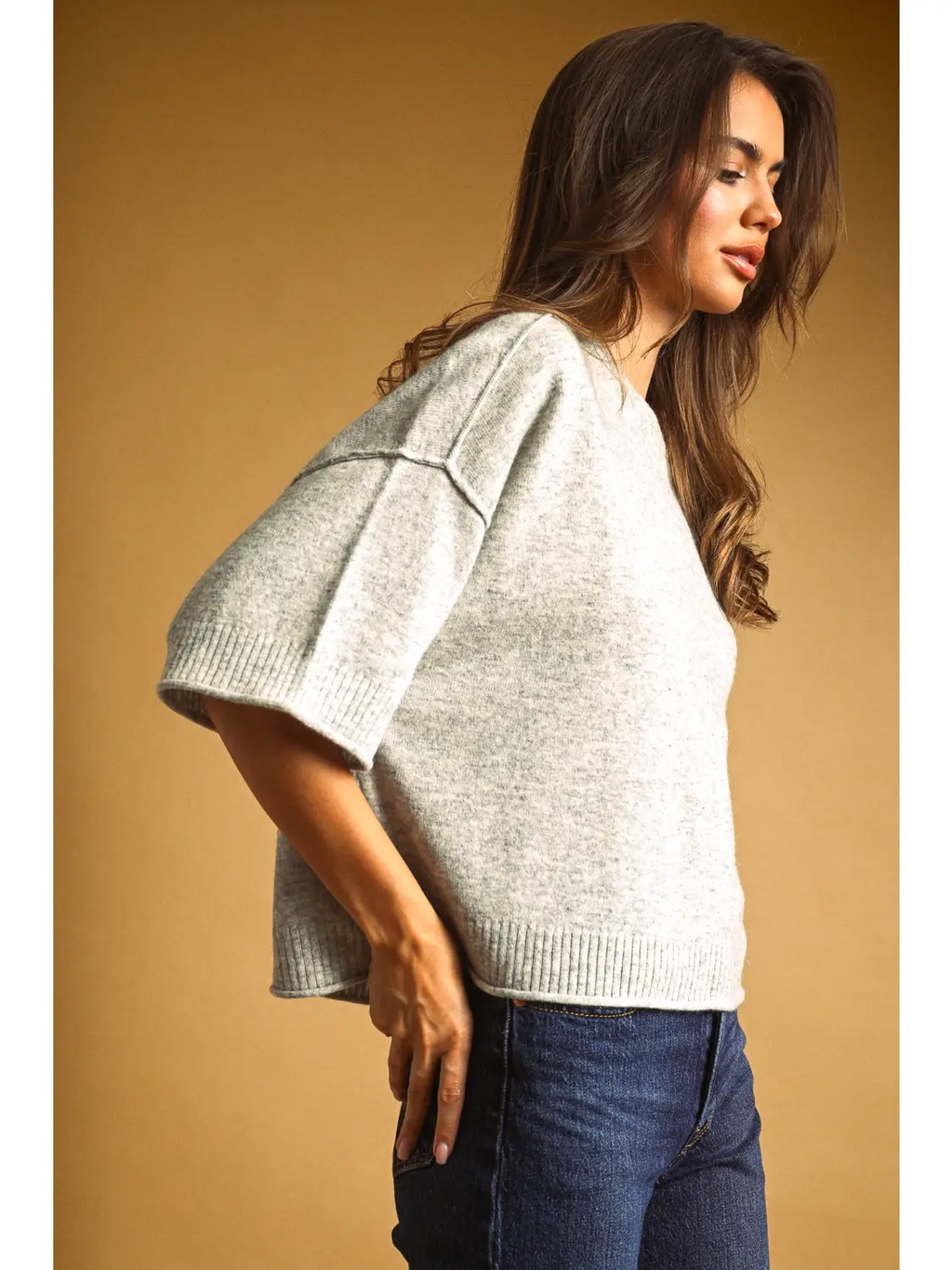 Short Sleeve Knit Crop Top - HEATHER GREY