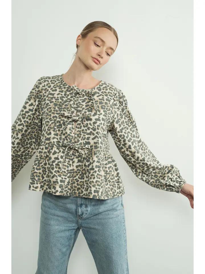 Long Sleeve Animal Print Bow Tie Blouse