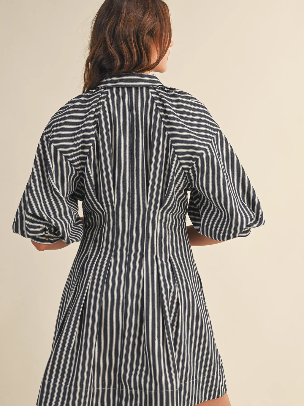 Striped Denim Bubble Sleeve Mini Dress - DENIM BLUE