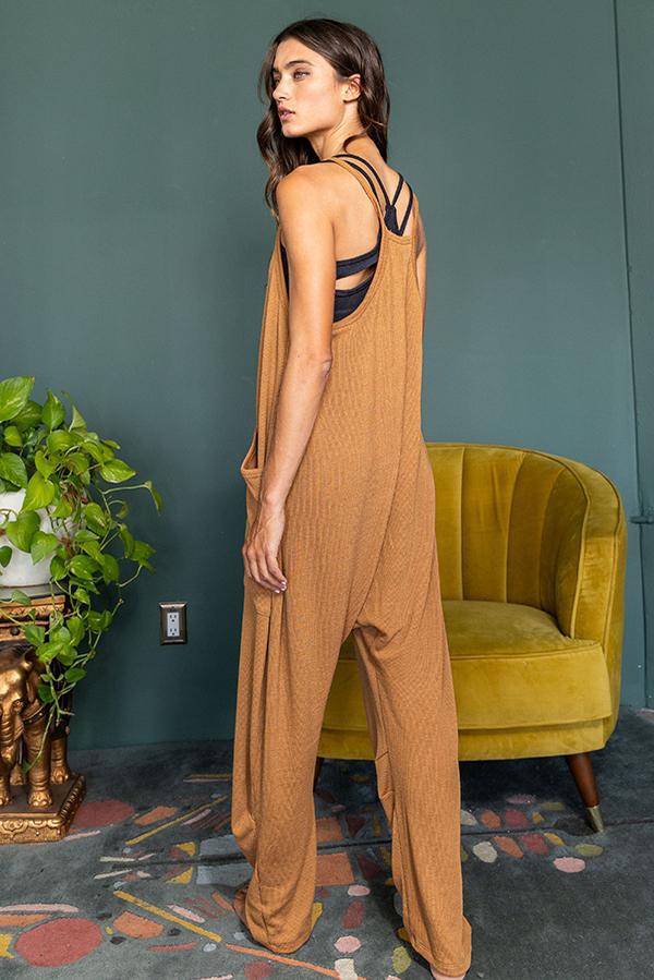 V-Neck Solid Ribbed Knit Jumpsuit - Camel